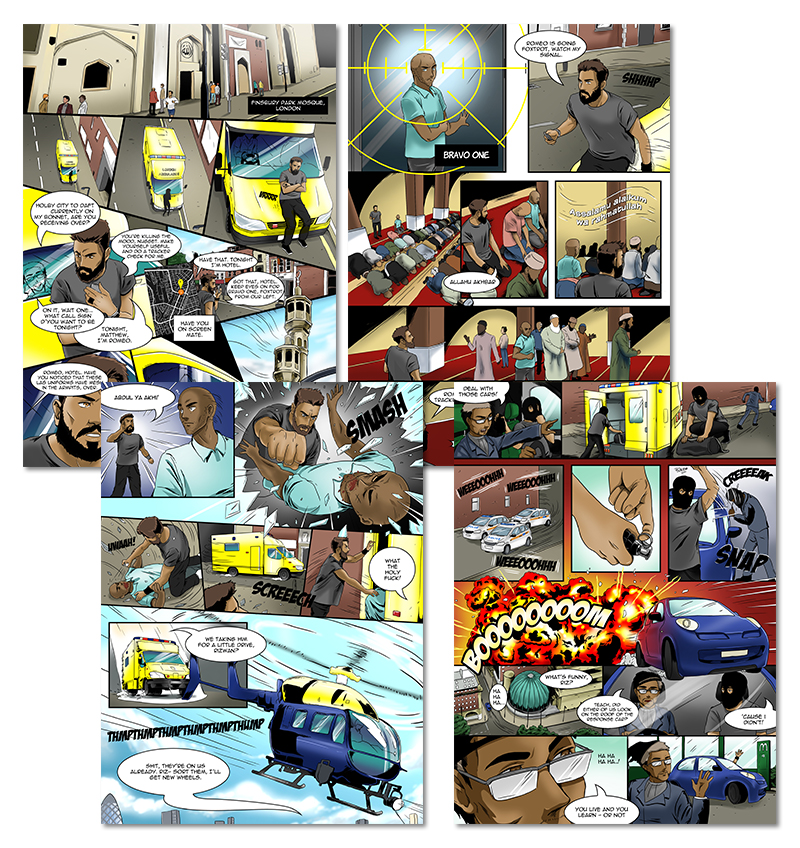 Coloured pages of the first four pages of Hard Kill Volume 1 by Charlie Flowers
